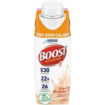 Boost Very High Calorie Nutritional Drink Very Vanilla, Made with Natural Strawberry Flavor & No Artificial Flavors, Colors & Sweeteners, 8 FL OZ (Pack of 12)