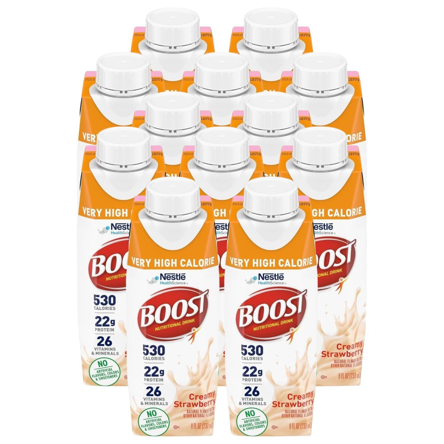 Boost Very High Calorie Nutritional Drink Very Vanilla, Made with Natural Strawberry Flavor &amp; No Artificial Flavors, Colors &amp; Sweeteners, 8 FL OZ (Pack of 12)