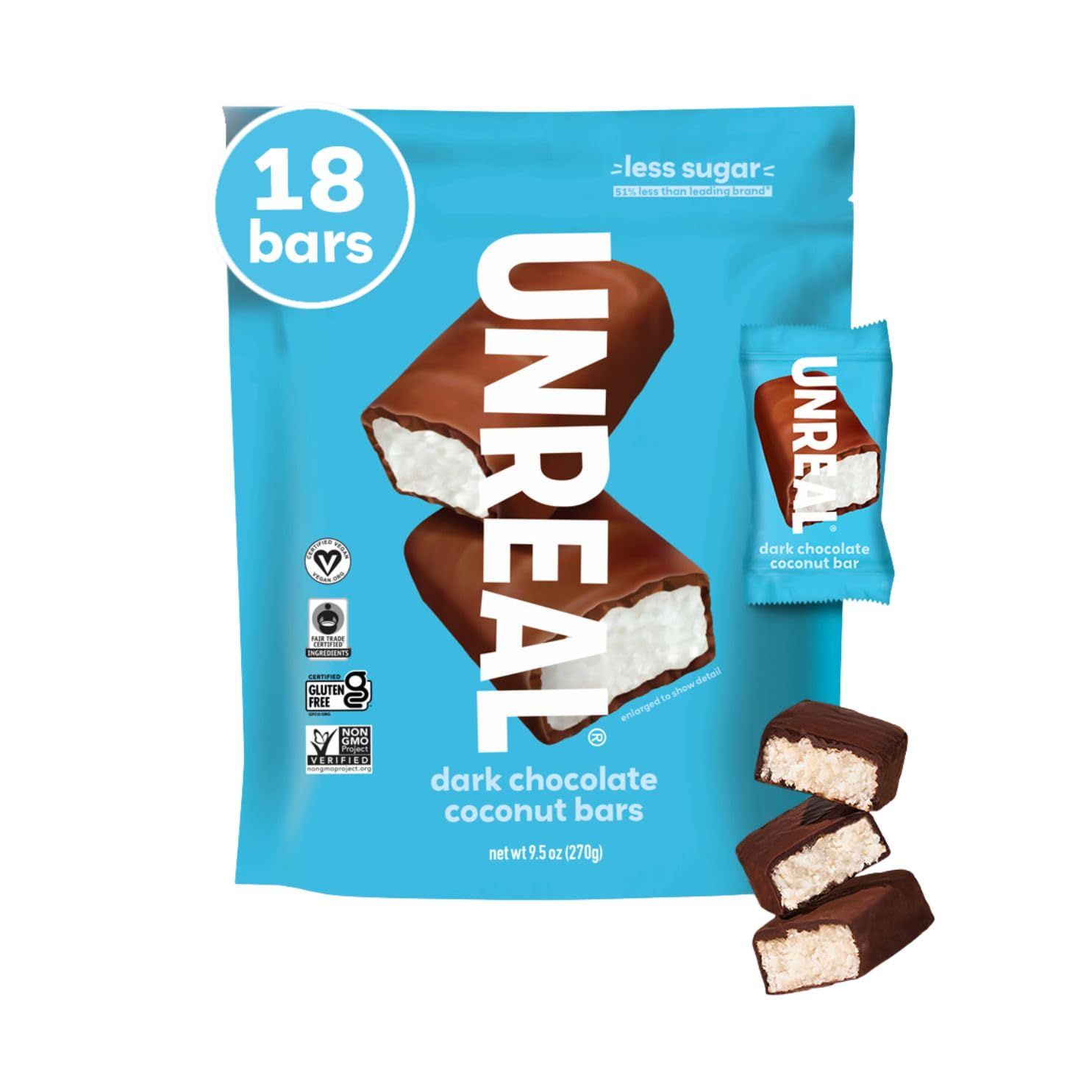 UNREAL Dark Chocolate Coconut Bars (Value Size Bag) | Vegan, 3g Sugar, &amp; 3 Simple Ingredients | Non-GMO, Gluten Free, &amp; Fair Trade | 9.5oz