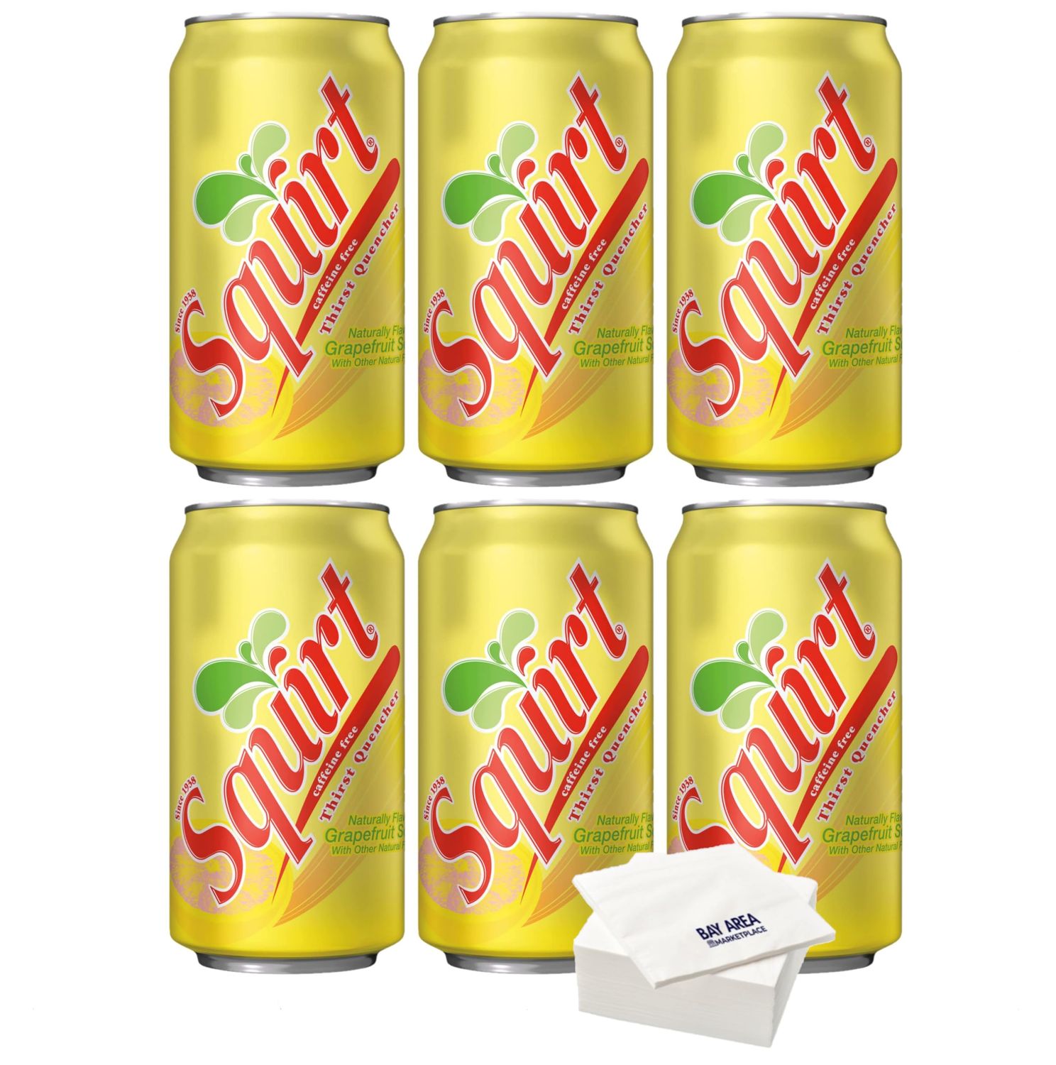 Squirt Grapefruit Soda, 12oz Cans, (Pack of 6) with Bay Area Marketplace Napkins