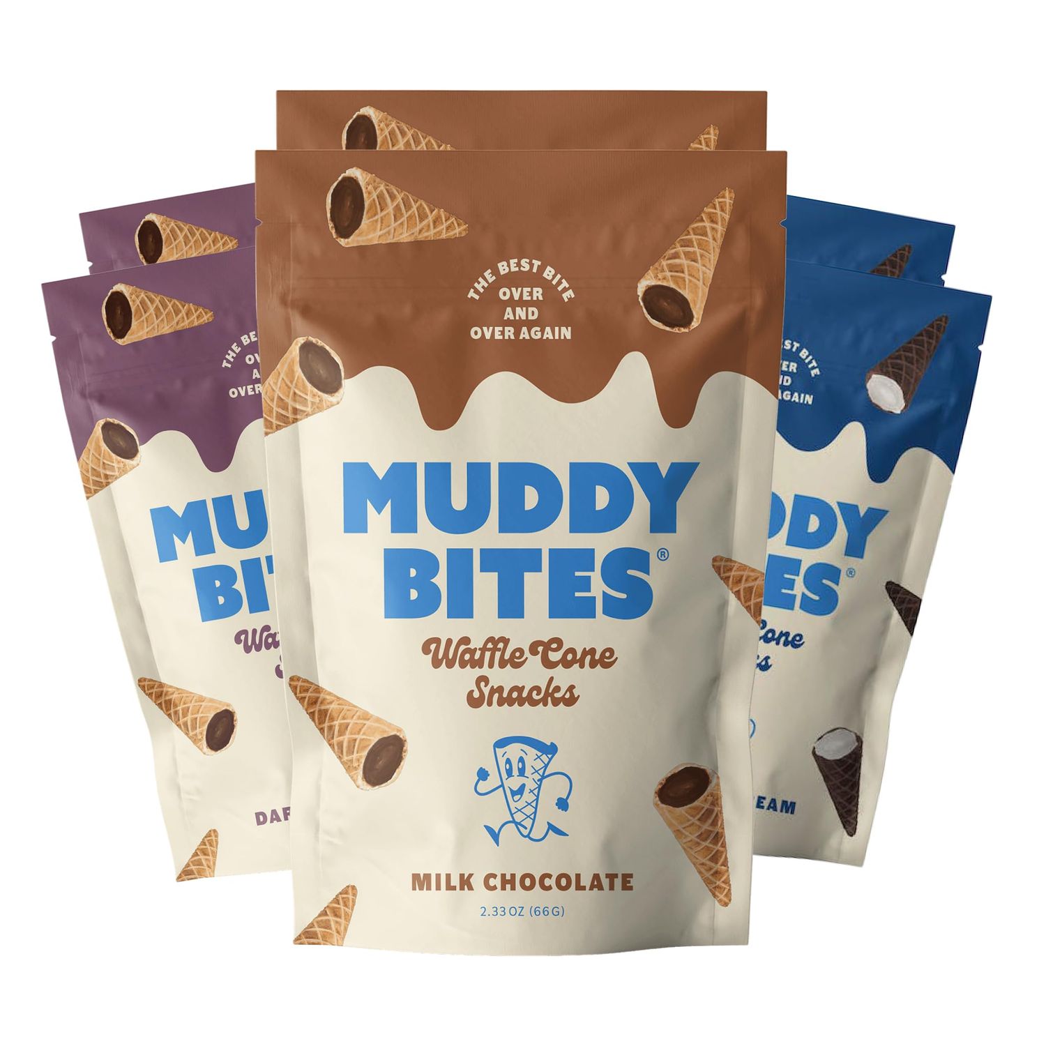 Muddy Bites Waffle Cone Snacks Bite Sized Chocolate Filled Cones for Snack or Dessert, Milk Chocolate, Dark Chocolate, Cookies &amp; Cream, Made with Cane Sugar, Non-GMO, Kosher (Variety Pack, 6 Bags)