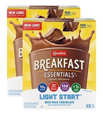 Carnation Breakfast Essentials Light Start Powder Drink Mix, Rich Milk Chocolate.705 Oz, 8 Ct (Pack of 2)