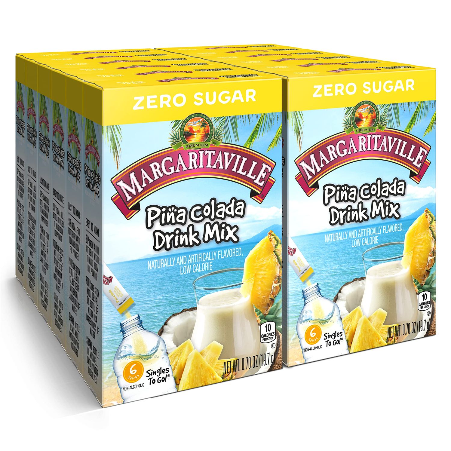 Margaritaville Singles To Go Water Drink Mix - Pina Colada Flavored, Non-Alcoholic Powder Sticks (12 Boxes with 6 Packets Each - 72 Total Servings), 0.65 Ounce (Pack of 12)