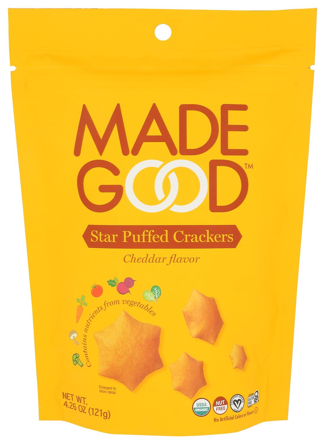 MadeGood Cheddar Star Puffed Crackers, 4.26oz Pouch, Organic Snacks
