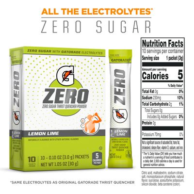 Gatorade G Zero Powder, Lemon Lime, 0.10oz Packets, 10 Count (Pack of 12)
