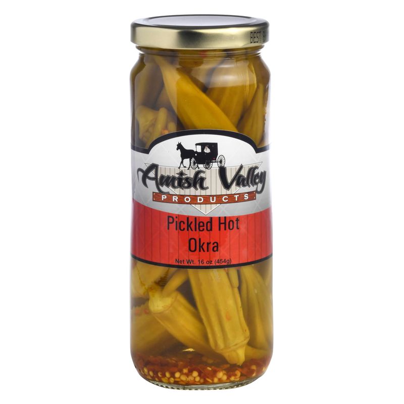 Amish Valley Products Pickled Crisp Okra Glass Jar Gourmet Chacuterie Board Garnish Vegetable (Hot, One Jar)