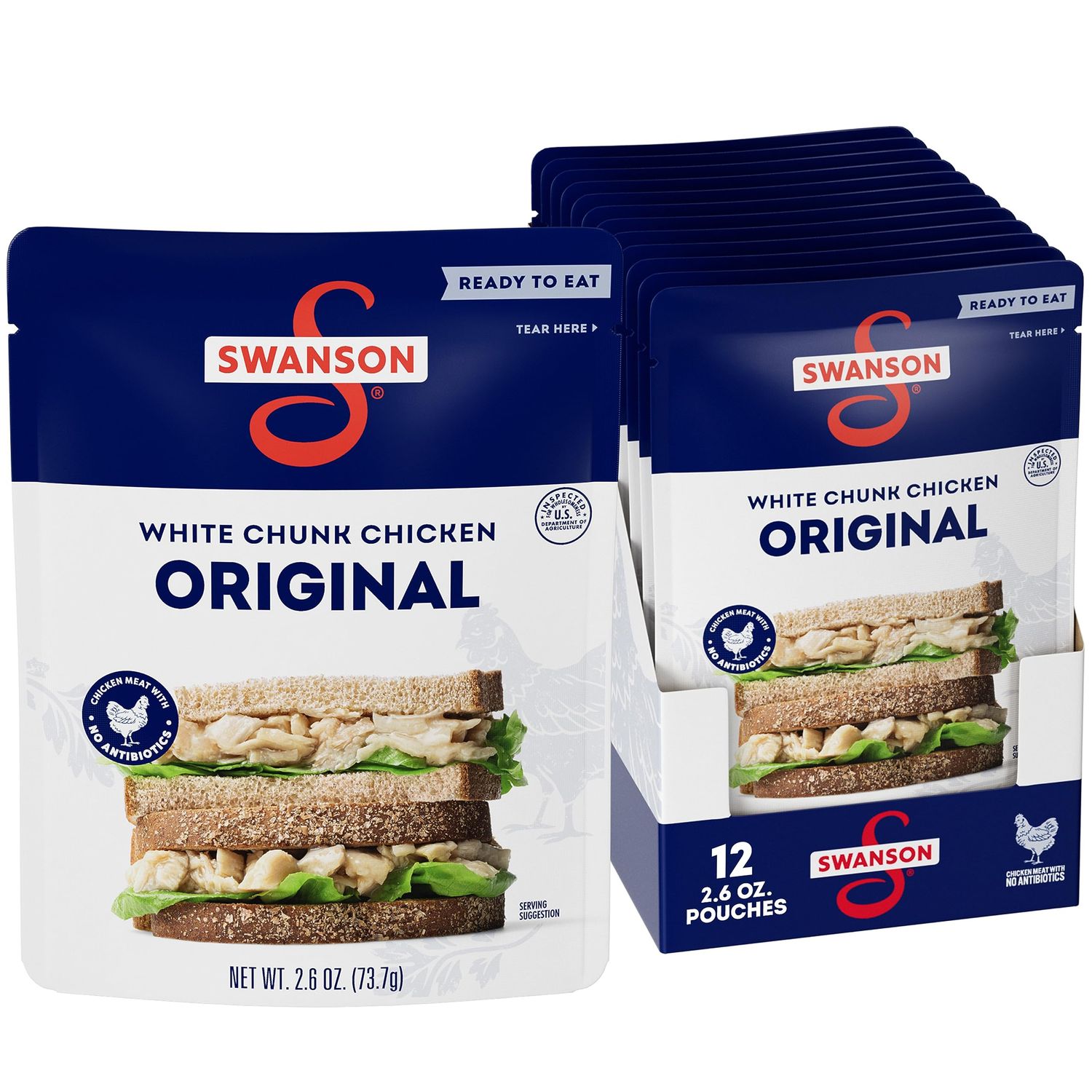 Swanson Original White Chunk Fully Cooked Chicken, Ready to Eat, Simple On-the-Go Meals, 2.6 OZ Pouch (Case of 12)