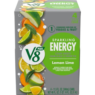 V8 +Energy Sparkling Lemon Lime Juice Energy Drink, 11.5 fl oz Can (4 Pack)