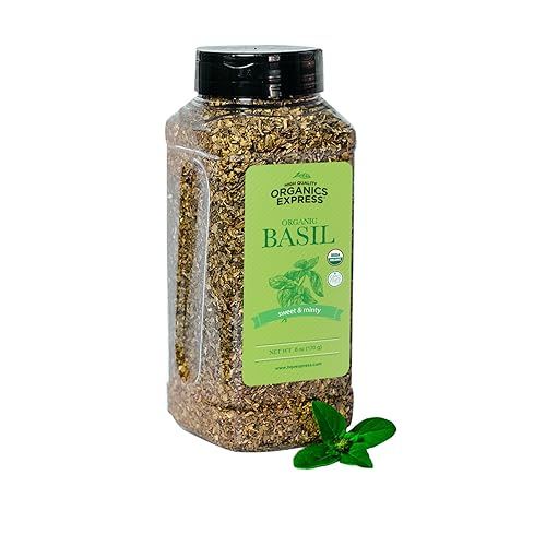 HQOExpress Organic Basil Medium Cut - Non GMO, Kosher, USDA Certified Organic Basil Leaves, Dried and Ground - Peppery and Aromatic Seasoning for Soups, Sauces, Dressings and Salads, 6 oz. Chef Jar