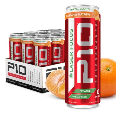 P10 Performance Sugar-Free Laser Focus Drink - 12-Pack, Mandarin Mayhem, 12oz Cans - Focus &amp; Alertness, Electrolytes &amp; Creatine - Caffeine-Free