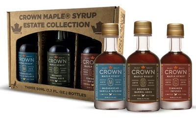 Crown Maple Artisan Trio Collection in Petite 50ML (1.7 Fl. Oz.) Window Box featuring Bourbon Barrel Aged, Madagascar Vanilla Infused, and Cinnamon Infused Organic Maple Syrup