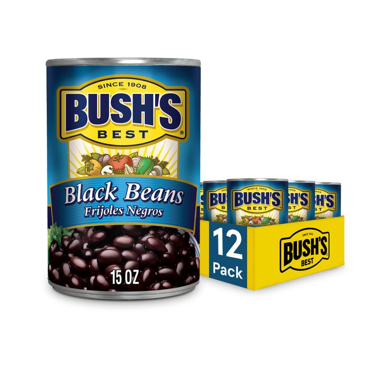 BUSH&#39;S BEST 15 oz Canned Black Beans, Source of Plant Based Protein and Fiber, Low Fat, Gluten Free, (Pack of 12)