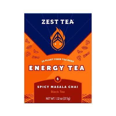 Zest Tea Premium Energy Hot Tea, High Caffeine Blend Natural &amp; Healthy Black Coffee Substitute, Perfect for Keto, 135 mg Caffeine per Serving, Spicy Masala Chai Black Tea, Box of 15 Sachet Bags