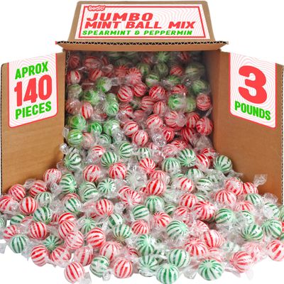 Candy Mint Balls - 3 Pounds - Big Bulk Spearmint &amp; Peppermint Hard Candies - Mint Bulk Candies - Individually Wrapped Bulk Mints - Refreshing Office Candies