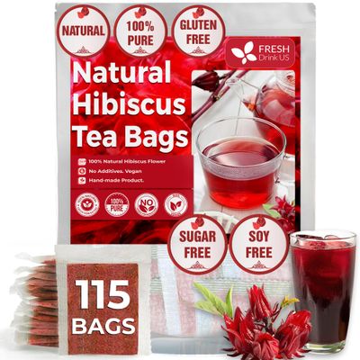 FreshDrinkUS, Premium 115 Hibiscus Flowers Tea Bags, 100% Natural &amp; Pure from Hibiscus Flowers. Loose Flower Hibiscus Herbal Tea. Hibiscus Flower Tea. No Sugar, No Caffeine, No Gluten, Vegan.