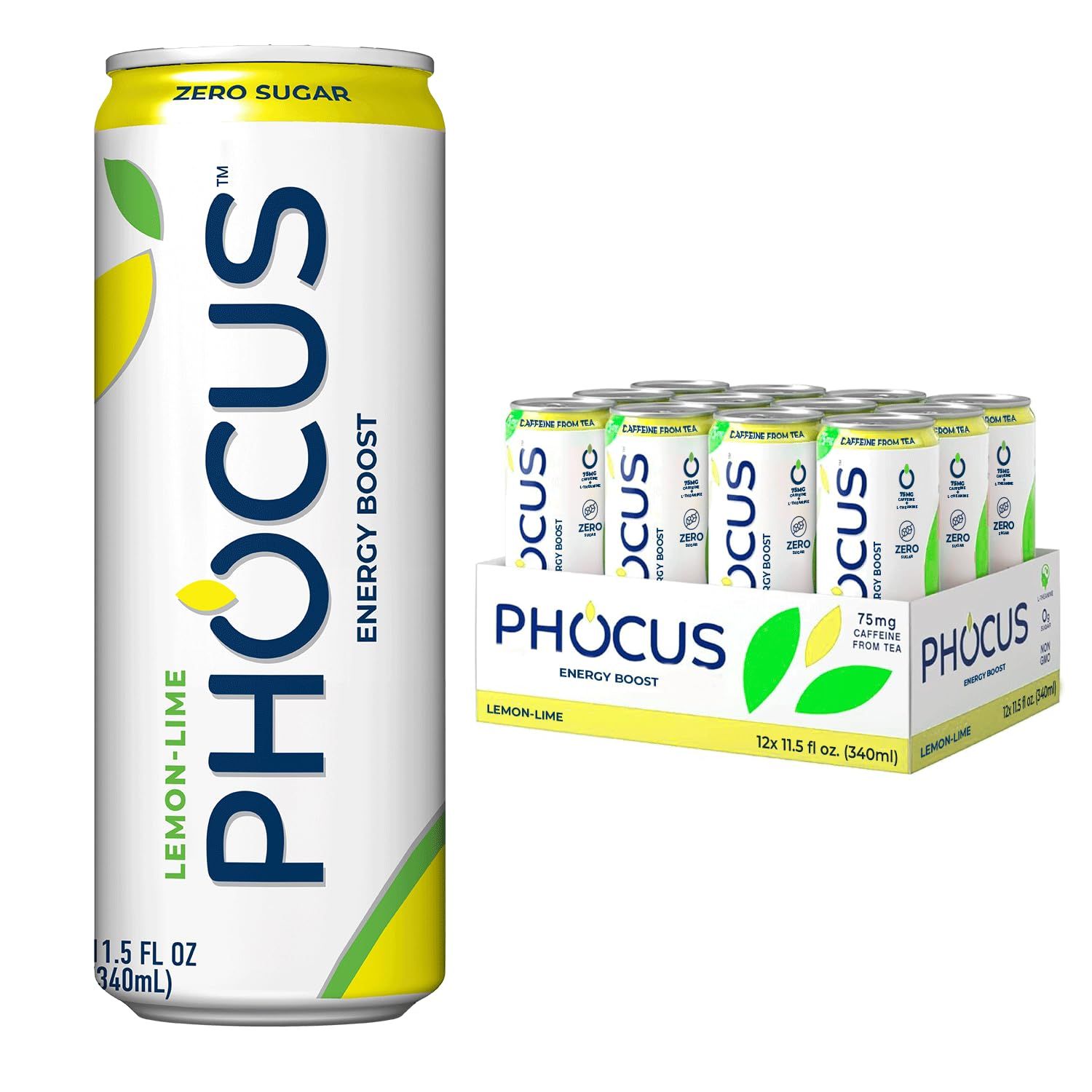 PHOCUS Energy Drink, Lemon Lime Sparkling Water, 75mg Natural Caffeine Plus L-Theanine, Zero Sugar, Zero Calories, No Artificial Sweeteners, 11.5 fl oz Cans (Pack of 12)