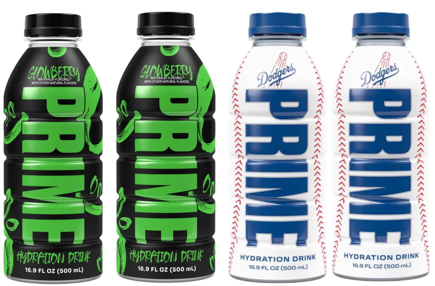 PRIME Hydration Sports Drink by Logan Paul &amp; KSI - 2 x Los Angeles (LA) Dodgers + 2 x Glowberry - 500ml Bottle