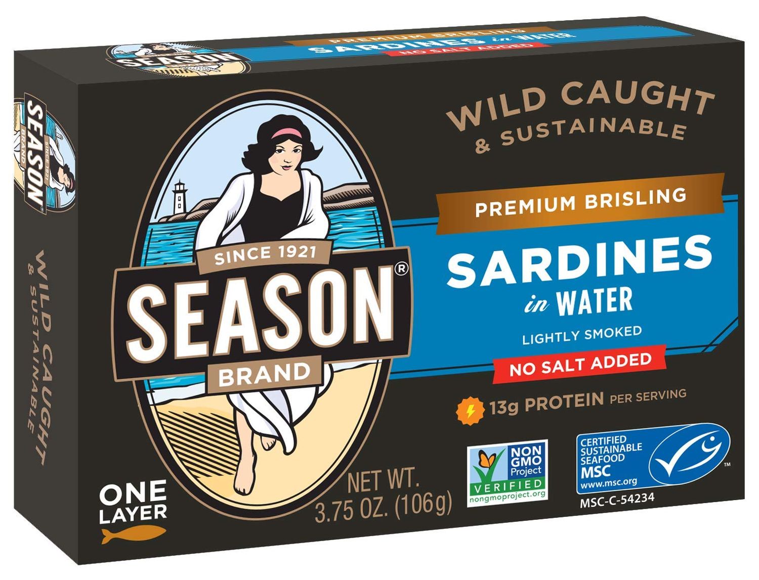 Season Brisling Sardines in Water - No Salt Added, Wild Caught, 13g of Protein, Keto Snacks, More Omega 3&#39;s Than Tuna, Kosher, High in Calcium, Canned Sardines, One Layer - 3.75 Oz Tins, 6-Pack