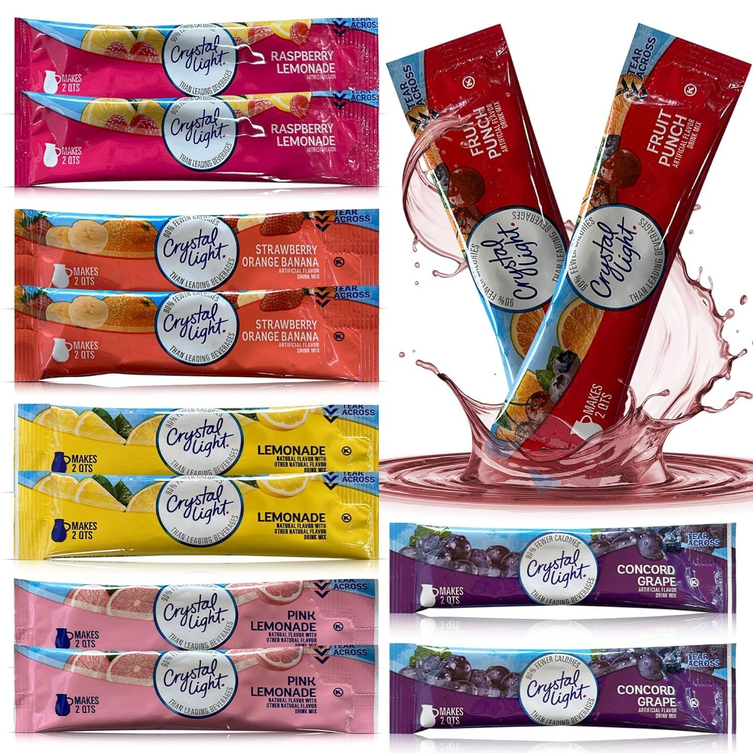 Crystal Light Pitcher Packets Drink Powder - 12 (2-quart) Sugar Free Drink Mix Variety Pack Includes Lemonade, Fruit Punch, Grape, Strawberry Orange Banana, Raspberry Lemonade &amp; Pink Lemonade