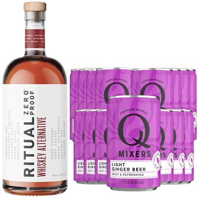 Ritual Zero Non-Alcoholic Whiskey Alternative with 15 Pack of Q Mixers Light Ginger Beer for your favorite Alcohol-Free Mixed Drink