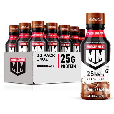 Muscle Milk Genuine Protein Shake, Chocolate, 14 Fl Oz Bottle, 12 Pack, 25g Protein, Zero Sugar, Calcium, Vitamins A, C &amp; D, 6g Fiber, Energizing Snack, Workout Recovery, Packaging May Vary