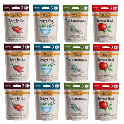 MILLIE&#39;S SIPPING BROTH Steepable Vegetable Broth with Savory Seasonings for Snack Urges | Vegan, Keto, Gluten Free, Intermittent Fasting, and natural | (12 Pack Assortment - 36 Broth Bags Total)