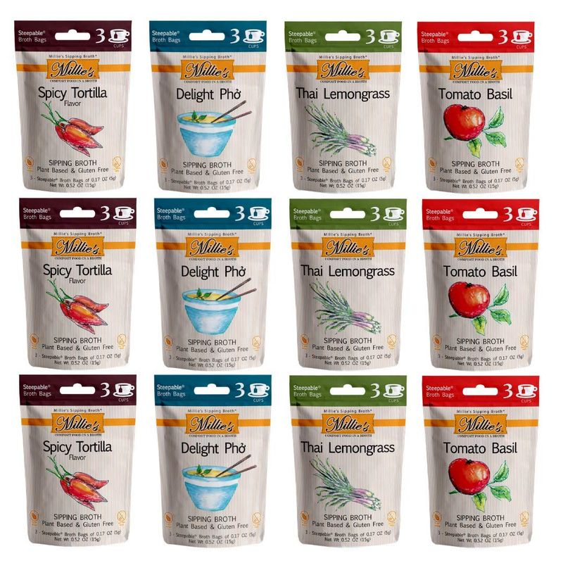 MILLIE&#39;S SIPPING BROTH Steepable Vegetable Broth with Savory Seasonings for Snack Urges | Vegan, Keto, Gluten Free, Intermittent Fasting, and natural | (12 Pack Assortment - 36 Broth Bags Total)