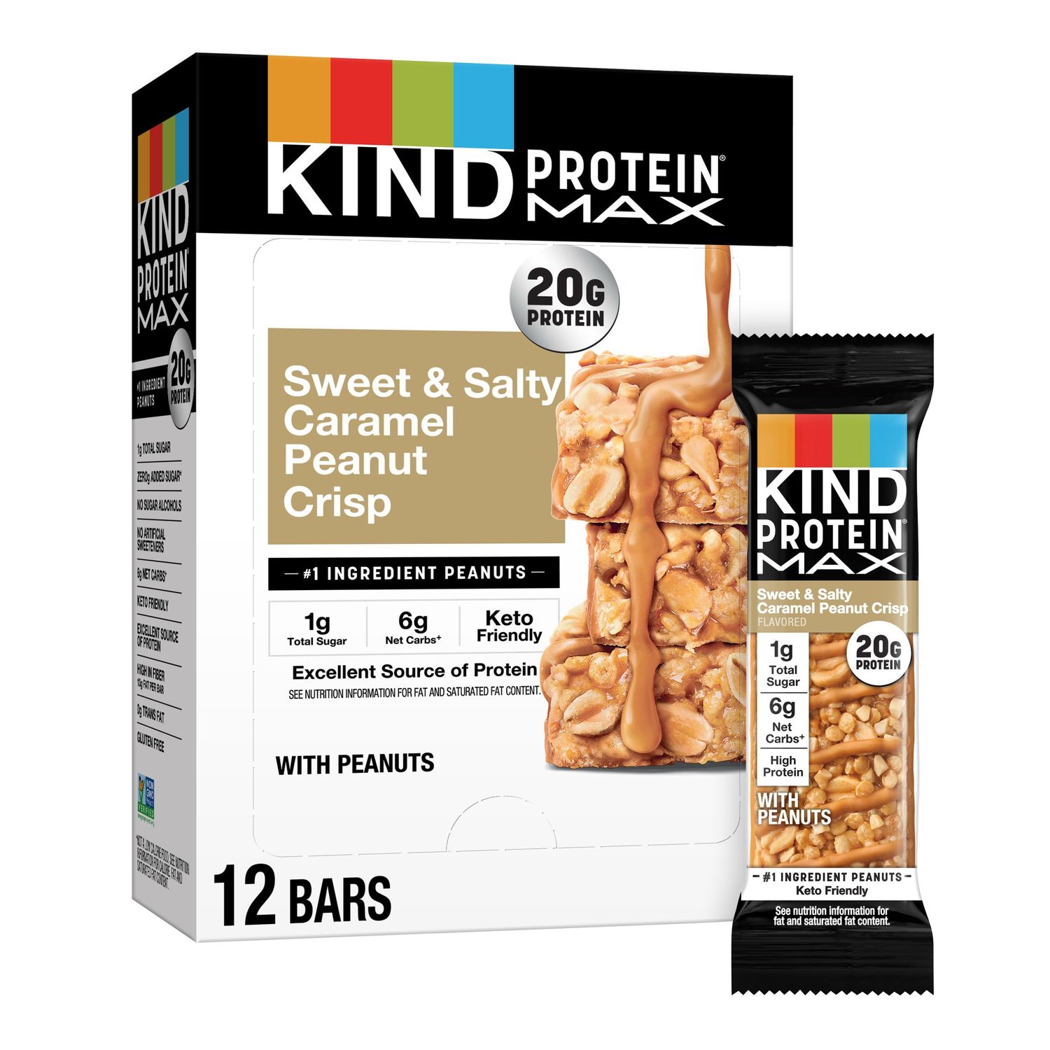 KIND Protein MAX Sweet &amp; Salty Caramel Peanut Crisp Snack Bars, Keto Friendly, 20g Protein, 12 Count