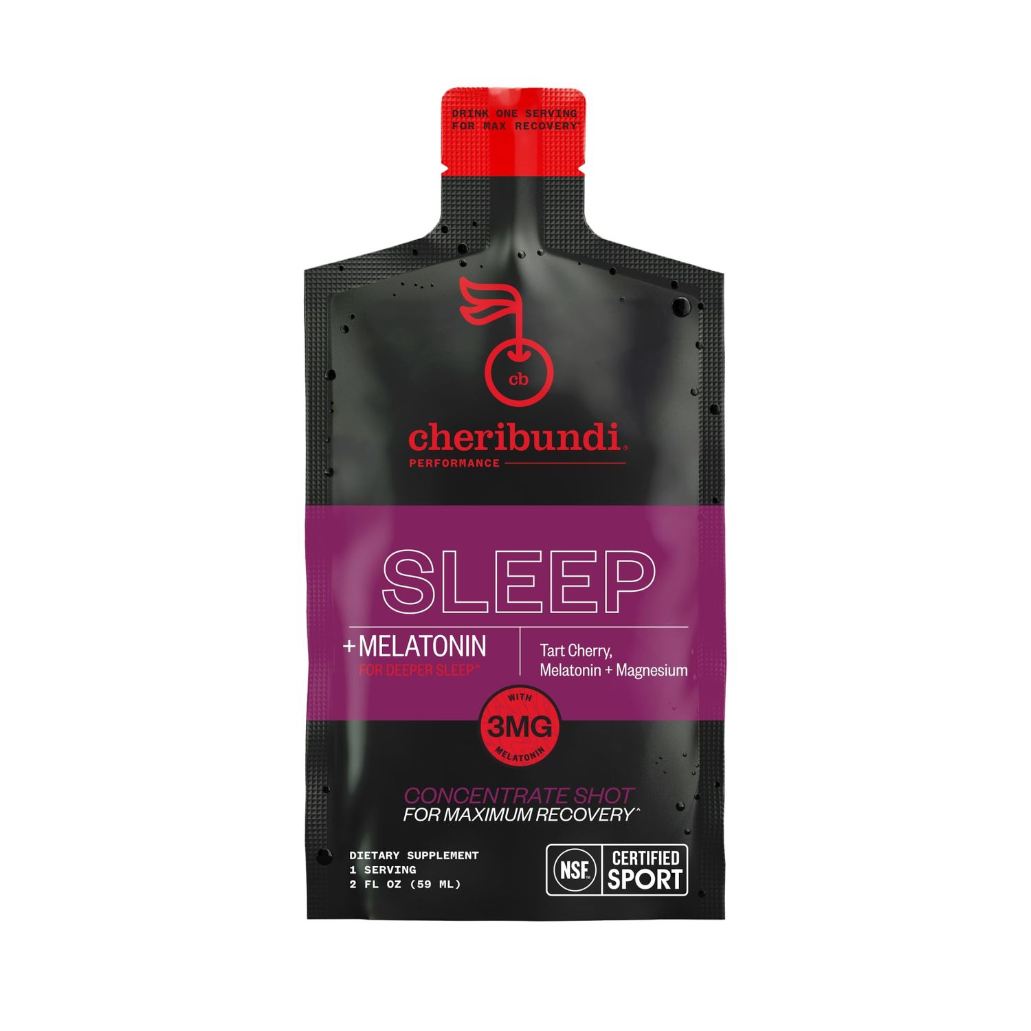 Cheribundi 100% Tart Cherry Juice Sleep Concentrate Grab and Go 2oz Pouch for Maximum Recovery with 40 Tart Cherries, 90 Calories, 0 Preservatives, Non-GMO, 6 pouches