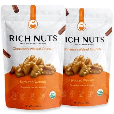 Rich Nuts Cinnamon Walnut Crunch Gourmet Sprouted Walnuts | Vegan, Organic, Paleo, Keto | Cinnamon, Maple Syrup, Maca &amp; Sea Salt | Non-Roasted, Dehyrdated, Germinated, Raw &amp; Whole | 4 Oz Bag (2 Pack)