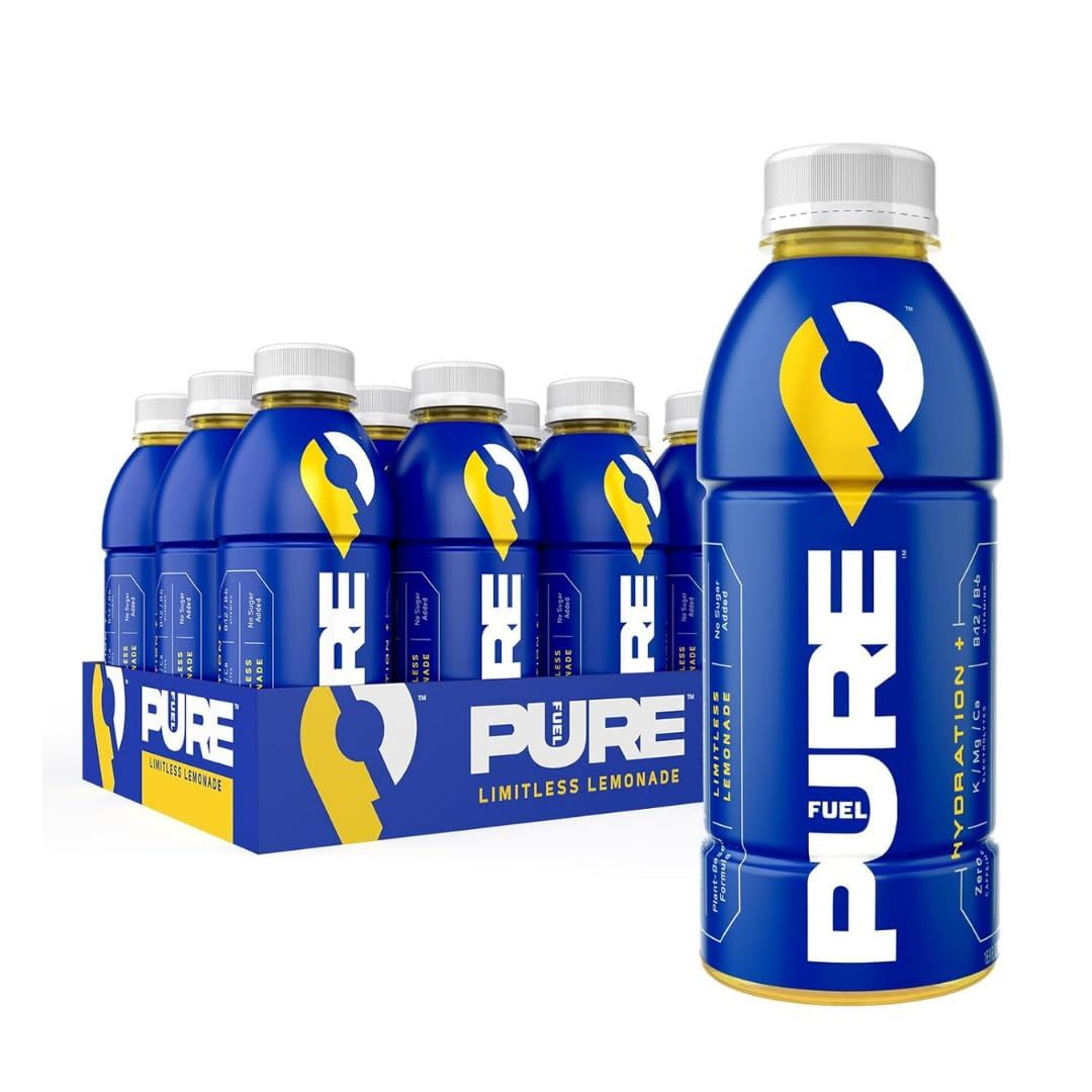 Pure Fuel Hydration Drinks Limitless Lemonade - Plant-Based Healthy Electrolyte Drinks with B-Vitamins - No Added Sugar - 12 Pack x 16.9 fl oz Bottles