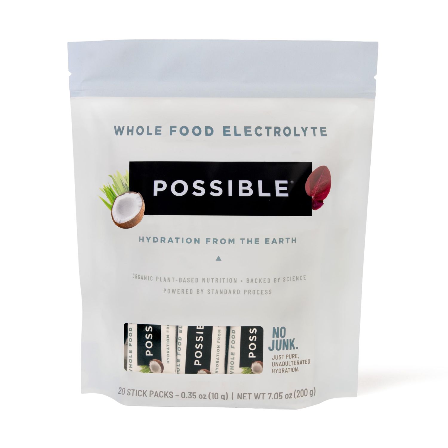 Possible Whole Food Electrolyte - Powder Drink Mix for Pre-Workout, Post-Workout &amp; Everyday Hydration - Vegan, Plant-Based Wellness - Gluten-Free, USDA Organic - Clean Label - 20 Stick Packs