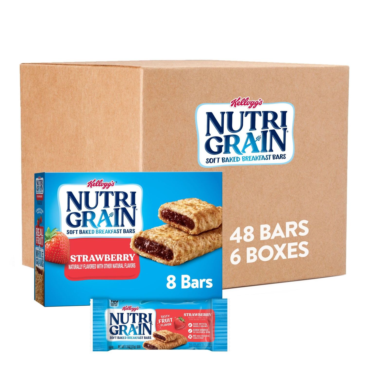 Nutri-Grain Soft Baked Breakfast Bars, Made with Whole Grains, Kids Snacks, Strawberry, 3.9lb Case (6 Boxes)