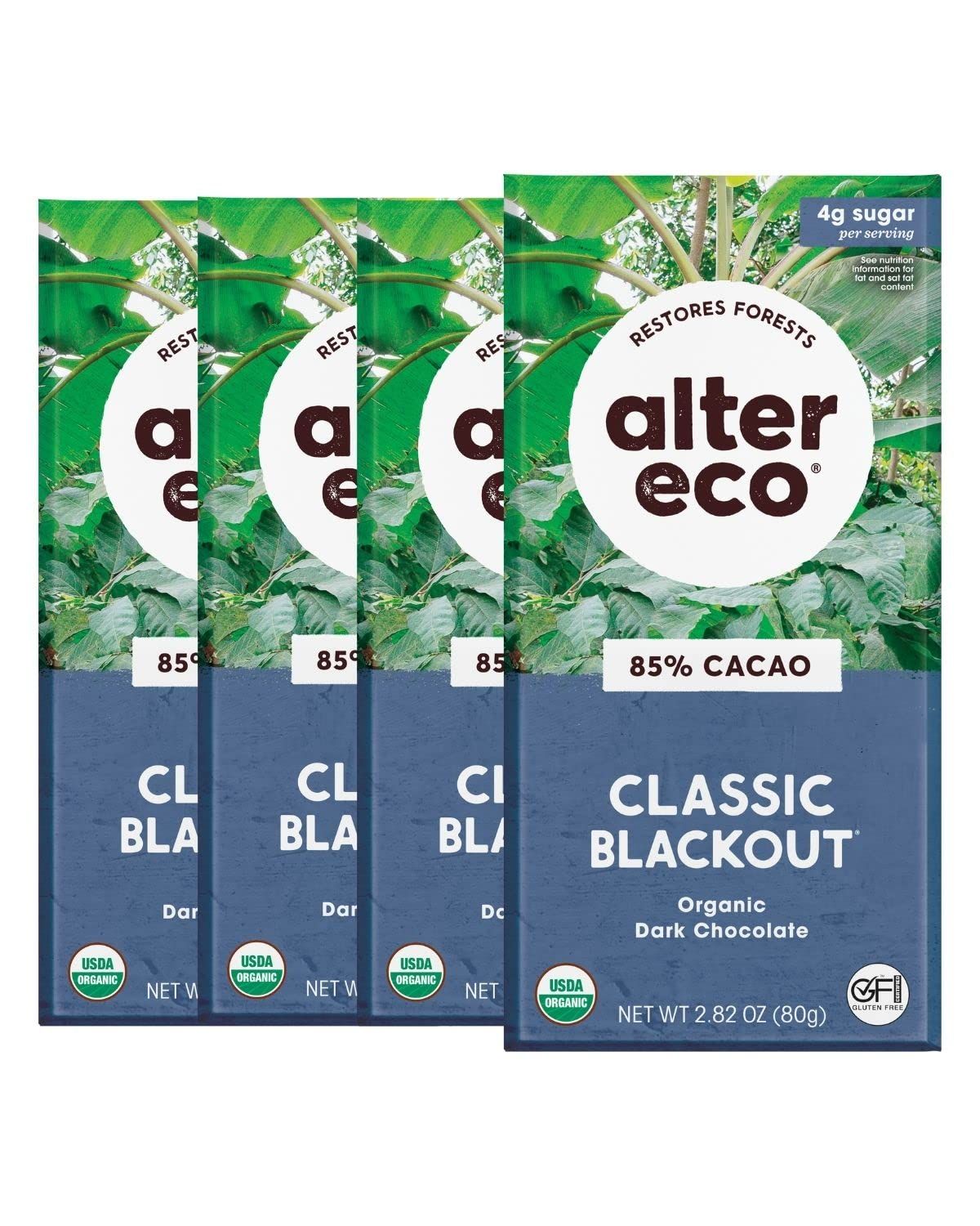 Alter Eco | Classic Blackout | 85% Pure Dark Cocoa, Fair Trade, Organic, Non-GMO, Gluten Free Dark Chocolate Bar, 4 Bars
