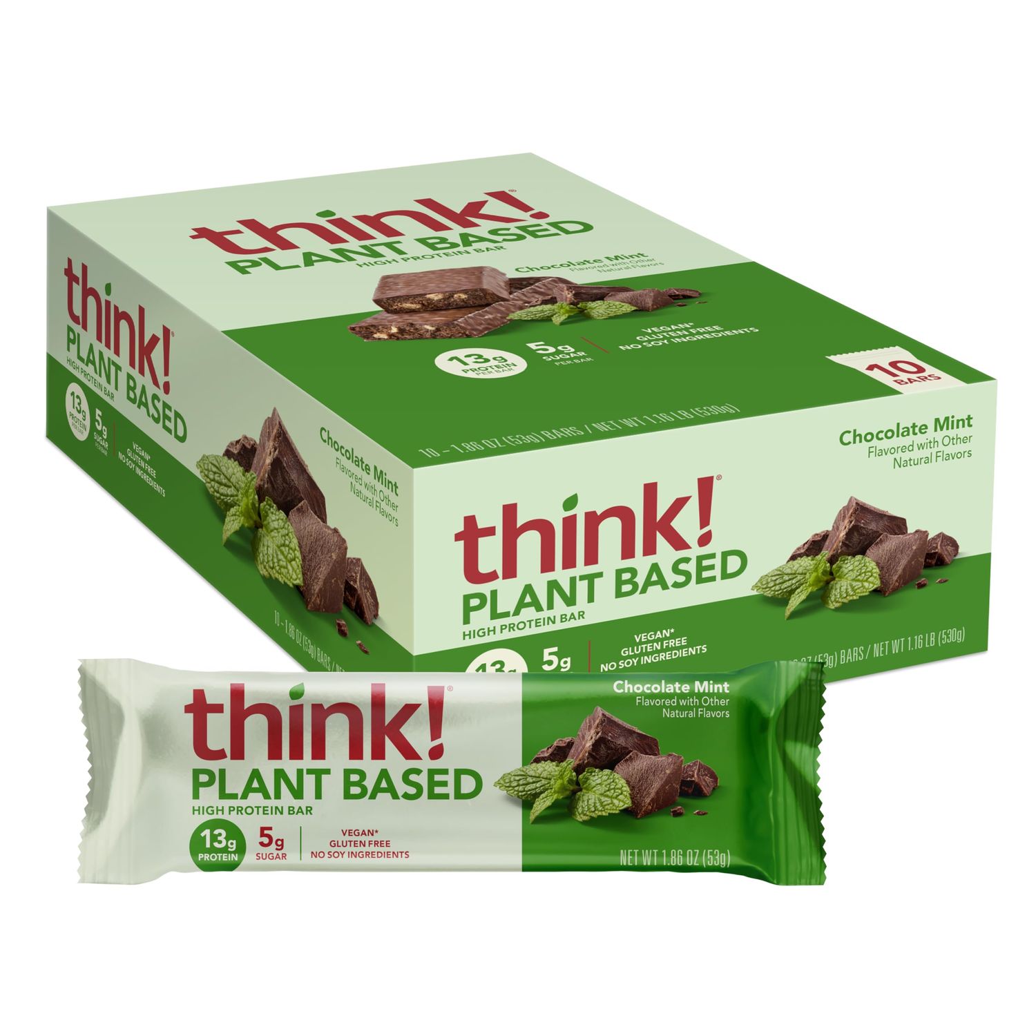 think! Vegan/Plant Based High Protein Bars - Chocolate Mint, 13g Protein, 5g Sugar, No Artificial Sweeteners, Non GMO Project Verified, 10 Count (Packaging May Vary)