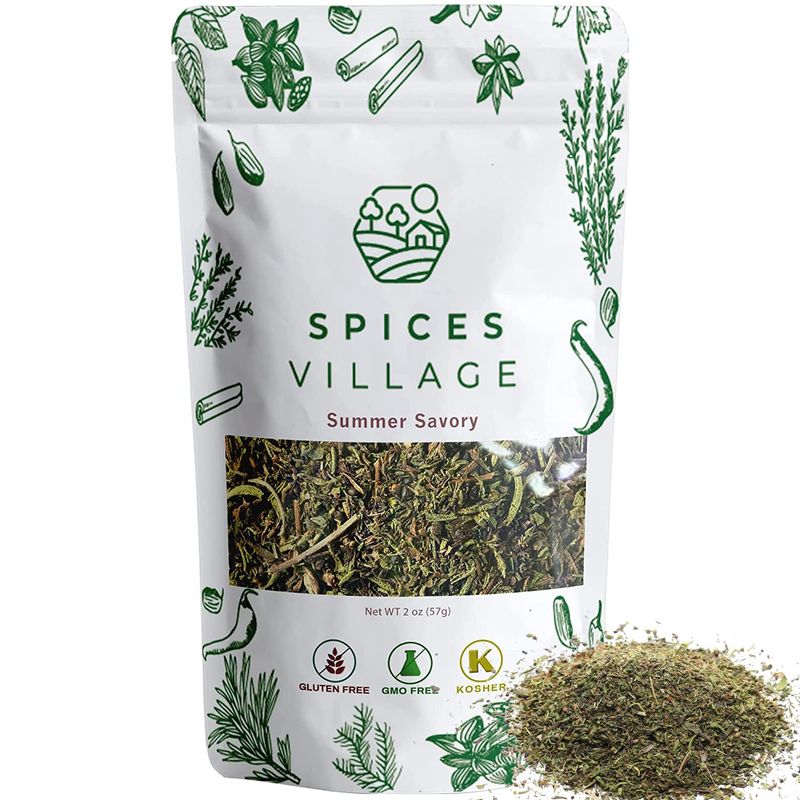 SPICES VILLAGE Summer Savory Spice, Natural Dried Summer Savory Leaves for Cooking and Herbal Tea, 2 oz, Pure Mediterranean Seasoning, Kosher, Gluten Free, Vegan, Non GMO, Resealable Bulk Bag