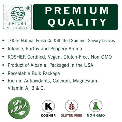 SPICES VILLAGE Summer Savory Spice, Natural Dried Summer Savory Leaves for Cooking and Herbal Tea, 2 oz, Pure Mediterranean Seasoning, Kosher, Gluten Free, Vegan, Non GMO, Resealable Bulk Bag