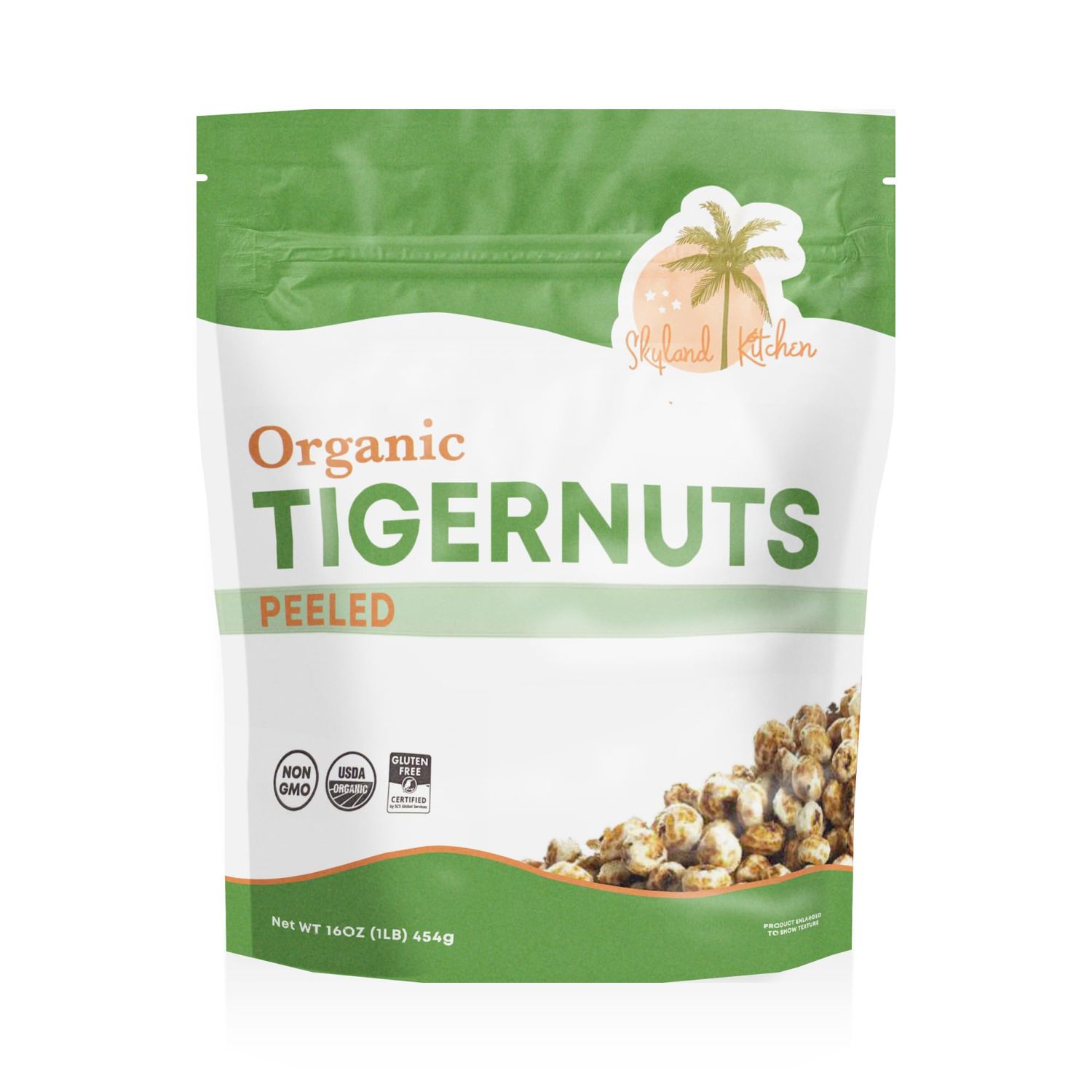 Skyland Kitchen Organic Peeled Tigernuts, 16oz bag, Natural, Non-GMO and Gluten-Free, Raw Snack, Paleo, Keto and Vegan Friendly (16oz)