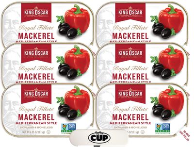 King Oscar Skinless &amp; Boneless Mackerel Fillets Mediterranean Style (Pack of 6) with By The Cup Toothpicks