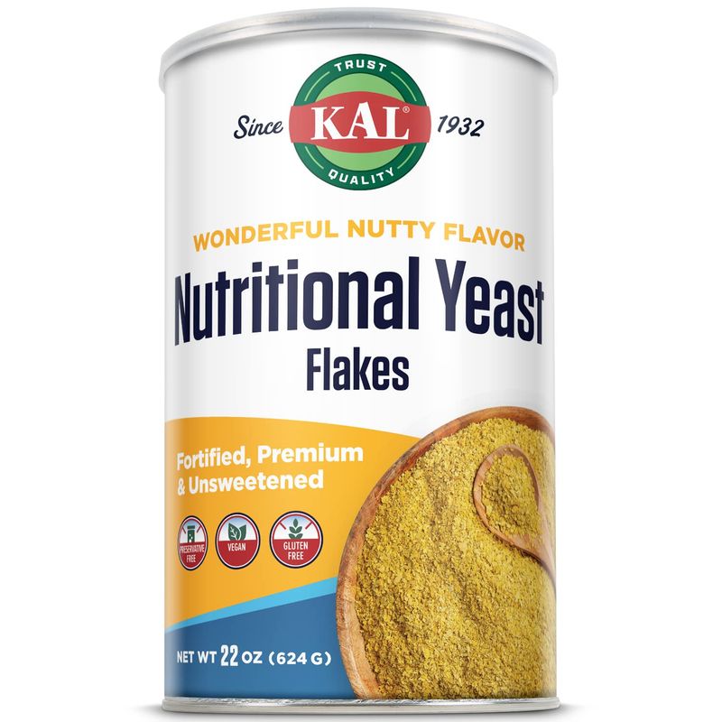 KAL Nutritional Yeast Flakes, Fortified with B12, Folic Acid &amp; Other B Vitamins, Unsweetened, Great Nutty Flavor, Vegan &amp; Gluten Free, 60-Day Money Back Guarantee, Made in the USA, 62 Servings, 22oz