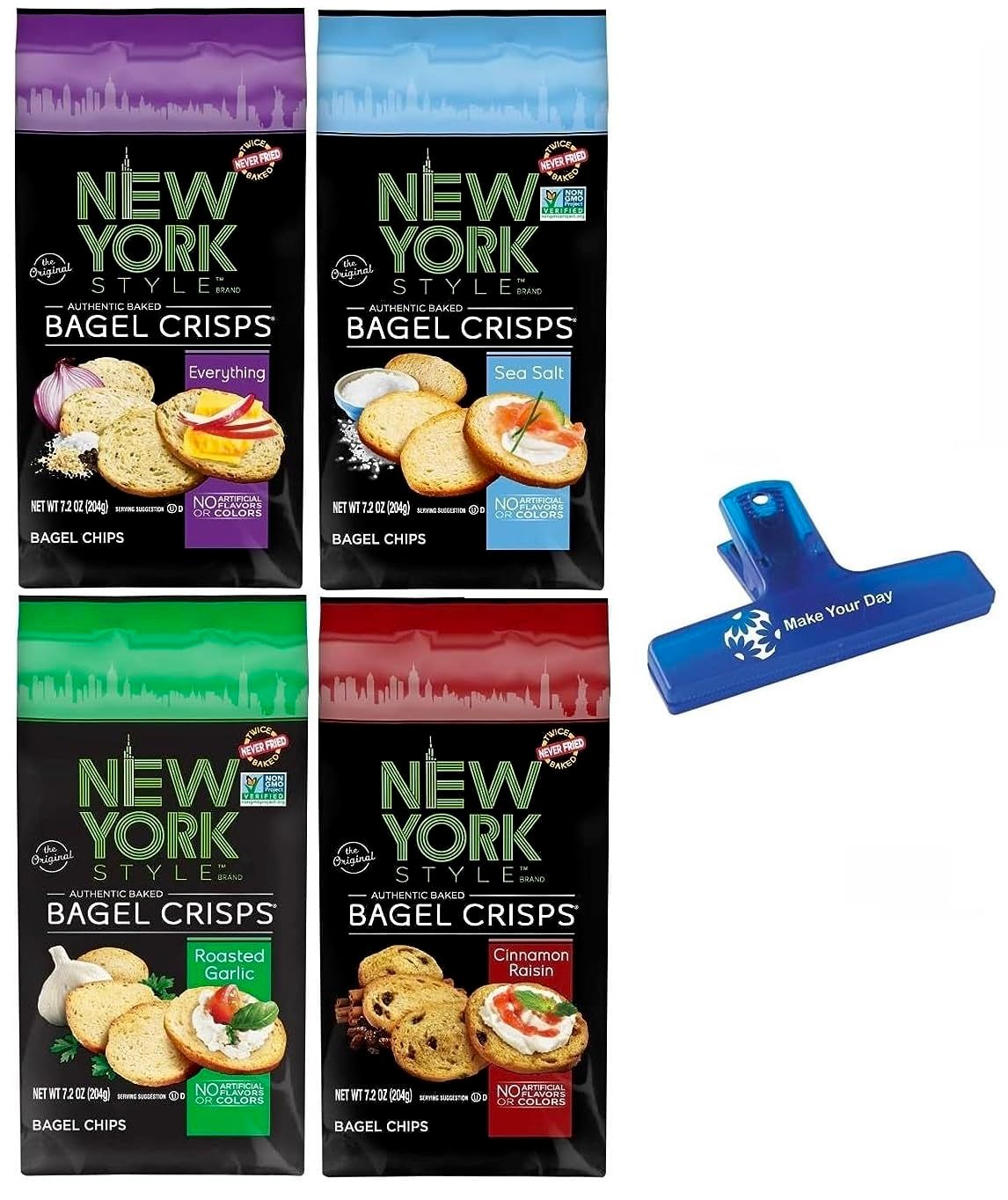 New York Style, Authentic Baked Bagel Crisps Bundle with Everything, Sea Salt, Roasted Garlic, and Cinnamon Raisin, 6oz (Pack of 4) - with Make Your Day Bag Clip
