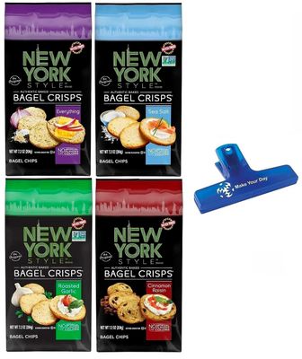 New York Style, Authentic Baked Bagel Crisps Bundle with Everything, Sea Salt, Roasted Garlic, and Cinnamon Raisin, 6oz (Pack of 4) - with Make Your Day Bag Clip