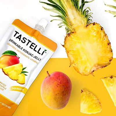 Tastelli Konjac Jelly Infused with Collagen Drink + Vitamin C + Antioxidants / 10 Calories, Vegan, Zero Sugar/Healthy Drinkable Dessert Pouch / (Mango Pineapple) - 150mL x 10 Pouches