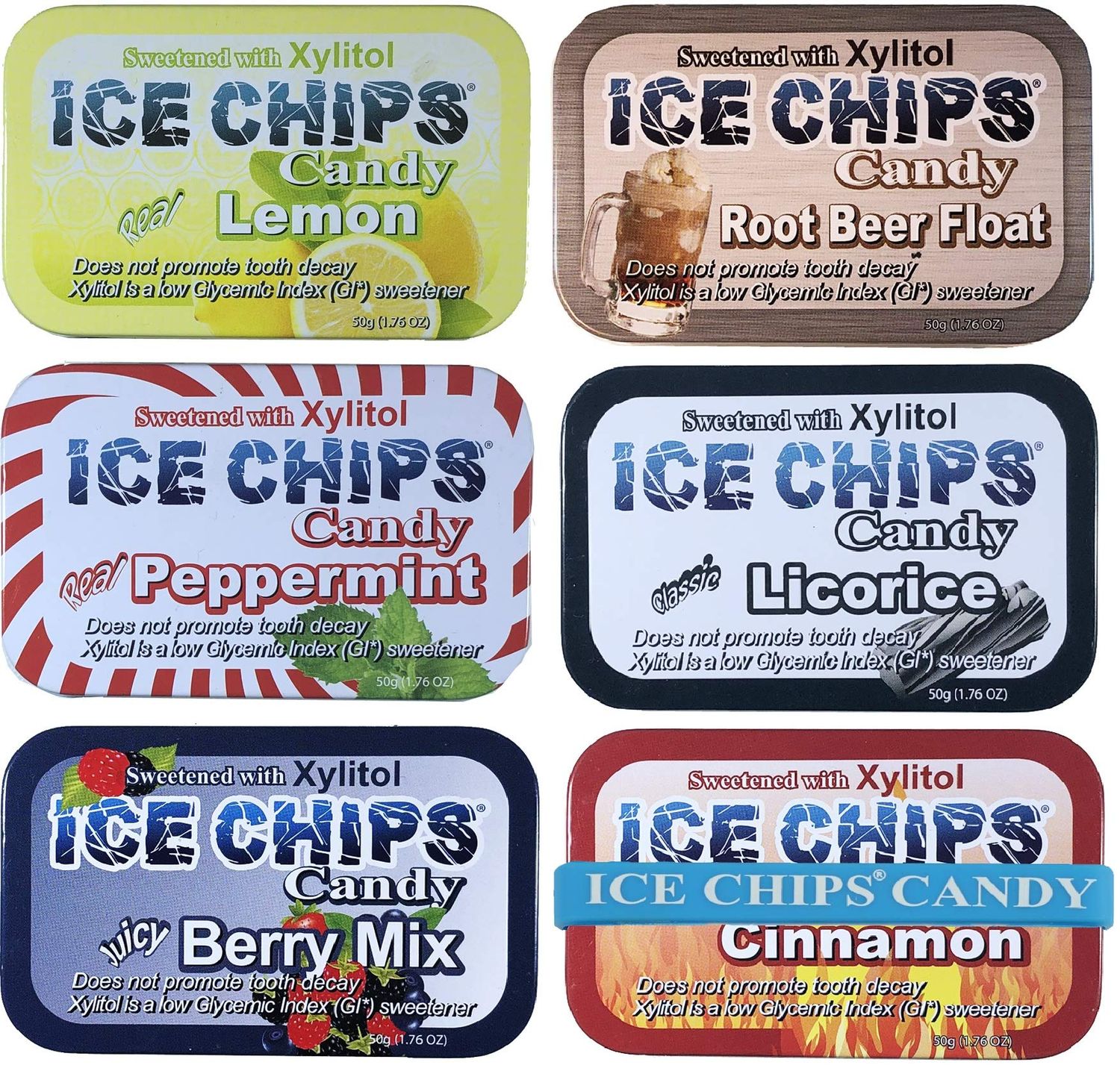 ICE CHIPS Xylitol Candy (Variety Pack) 6 Tins - 10.56 oz total