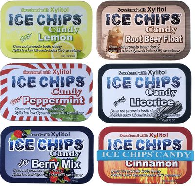 ICE CHIPS Xylitol Candy (Variety Pack) 6 Tins - 10.56 oz total