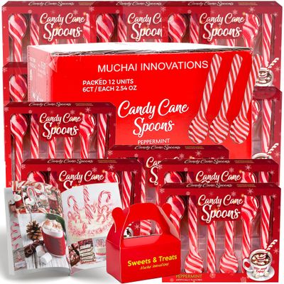 Candy Cane Peppermint Spoons | Edible Stirring Beverages Hot Chocolate Cocoa Tea Coffee Cocktail | Holiday Christmas Gift | Muchai Treat Box &amp; Idea Booklet Included. (12 Units (6ct) 72 Total - Bulk)