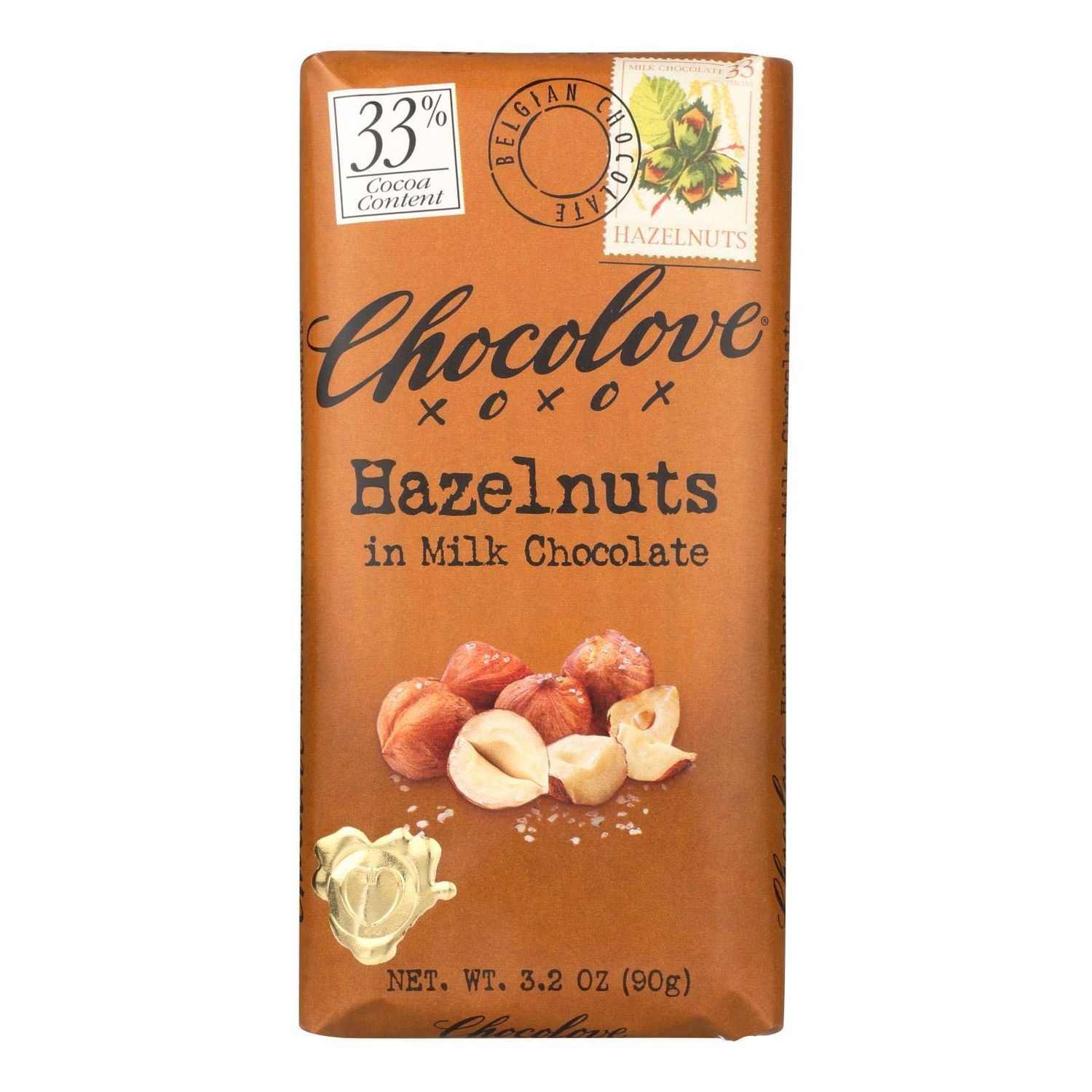 Chocolove Xoxox Premium Chocolate Bar - Milk Chocolate - Hazelnuts - 3.2 Oz Bars - Case Of 12