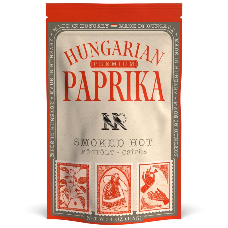 Premium SMOKED HOT Hungarian Paprika Powder (4 oz) - Non-GMO - Vibrant Deep Red Color - Origin: Szeged Region, Hungary - Authentic Seasoning Spice in Resealable Bag by MEROPS