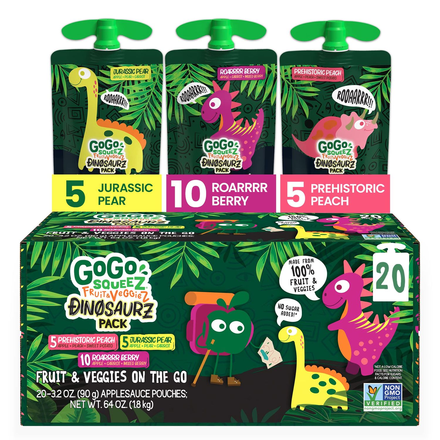 GoGo squeeZ Fruit &amp; veggieZ Variety Pack, Jurassic Pear, Roarrrr Berry &amp; Prehistoric Peach, 3.2 oz (Pack of 20), Unsweetened Snacks for Kids, No Gluten, Nut &amp; Dairy, Recloseable Cap, BPA Free Pouches