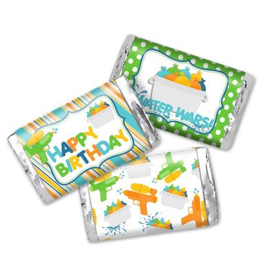 Water Wars Boy Birthday Mini Chocolate Candy Bar Sticker Wrappers for Kids, 45 1.4 x 2.6 Wrap Around Labels by AmandaCreation, Great for Party Favors